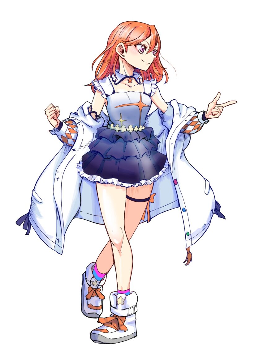 1girl blue_dress closed_mouth collarbone commentary_request dress frilled_dress frills full_body gradient_clothes gradient_dress hajimari_wa_kimi_no_sora highres jacket long_sleeves looking_afar love_live! love_live!_superstar!! medium_hair mondashi0223 off_shoulder orange_hair purple_eyes shibuya_kanon shoes smile solo standing standing_on_one_leg thigh_strap white_background white_jacket white_shoes