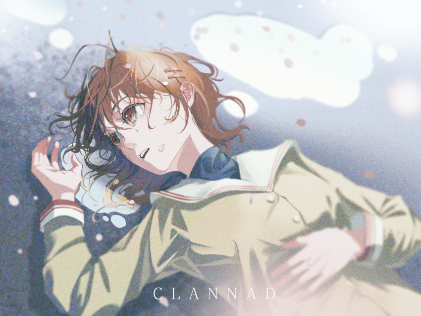 1girl absurdres antenna_hair brown_eyes brown_hair clannad falling_petals film_grain furukawa_nagisa hand_on_own_stomach hand_up highres hikarizaka_private_high_school_uniform jacket looking_to_the_side luojia_ying lying on_back open_mouth petals puddle sailor_collar school_uniform short_hair solo tearing_up upper_body white_sailor_collar yellow_jacket