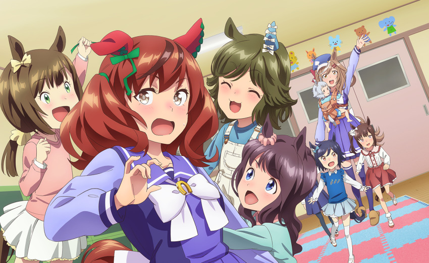 6+girls angry animal_ears anime_coloring arm_up artist_request baby back_bow blue_hat blue_sailor_collar blue_shirt blue_skirt blue_theme blush bow bowtie breasts brooch brown_eyes brown_pupils brown_sleeves ceiling_light child collarbone door dutch_angle ear_bow ear_covers ears_through_headwear eyelashes fingernails frown game_cg green_bow hair_bow hair_ornament hair_tie hairclip hat holding_another&#039;s_arm horse_ears horse_girl horse_tail horseshoe_ornament indoors jewelry large_breasts long_hair long_sleeves looking_at_viewer mat matikanetannhauser_(umamusume) medium_hair medium_skirt multicolored_hair multiple_girls newsboy_cap nice_nature_(umamusume) official_art open_mouth parallel_hairclips pink_bow pleated_skirt pulling_another&#039;s_clothes raised_inner_eyebrows red_hair sailor_collar school school_uniform shirt short_twintails shouting sidelocks single_ear_down skirt small_breasts smile streaked_hair sweatdrop swept_bangs tail tareme teeth tracen_school_uniform twintails umamusume upper_teeth_only waving wavy_hair white_bow white_bowtie