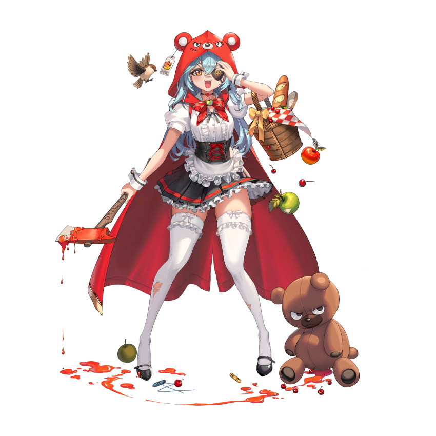 1girl 2v_(joyeong) :3 animal_hood apple apron axe barcode basket bear_hood bird bitten_apple black_choker black_corset black_ribbon black_shoes black_skirt blanket blue_hair bread breasts buttons checkered_blanket cherry choker cloak corset cross-laced_clothes cross-laced_corset detached_sleeves dollar_sign dress elbow_carry evil_smile eyepatch fake_blood fang fire_axe food food_bite frilled_apron frilled_dress frilled_skirt frilled_thighhighs frills fruit full_body gold_trim green_apple hair_between_eyes heart heart_choker highres holding holding_axe holding_basket hood jam knees_together_feet_apart last_origin layered_skirt light_blue_hair long_hair looking_at_viewer lrl_(last_origin) mary_janes no_nose official_alternate_costume official_art one_eye_covered open_mouth pastels picnic_basket price_tag puffy_short_sleeves puffy_sleeves red_cloak red_ribbon ribbon ribbon-trimmed_thighhighs ribbon_trim scar scar_on_face shoes short_sleeves simple_background skirt small_breasts smile solo sparrow standing striped_sleeves stuffed_animal stuffed_toy tachi-e teddy_bear thighhighs torn_clothes torn_thighhighs transparent_background v-shaped_eyebrows white_apron white_dress white_ribbon white_sleeves white_thighhighs yellow_eyes yellow_ribbon