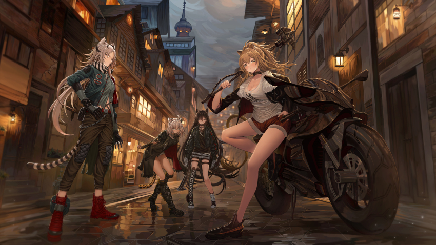 4girls absurdres animal_ears arknights black_footwear black_gloves black_hair blue_eyes boots brown_hair dagda_(arknights) evening gloves grey_hair hammer hand_on_own_hip highres holding holding_hammer indra_(arknights) jacket leaning_forward lion_ears lion_girl long_sleeves looking_at_viewer morgan_(arknights) motor_vehicle motorcycle multiple_girls neriw red_footwear shirt short_shorts short_sleeves shorts siege_(arknights) single_boot standing standing_on_one_leg striped_fur thigh_strap white_shirt yellow_eyes