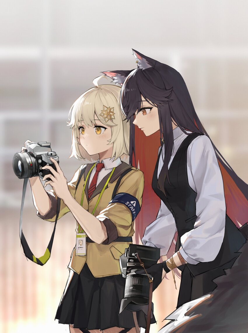 2girls absurdres ahoge animal_ear_fluff animal_ears arknights black_gloves black_hair black_skirt black_vest brown_vest camera collared_shirt colored_inner_hair cowboy_shot gloves hair_between_eyes hair_ornament highres holding holding_camera id_card jia_redian_ruzi_ruzi long_hair long_sleeves multicolored_hair multiple_girls necktie orange_eyes pleated_skirt puffy_sleeves red_hair red_necktie rhodes_island_logo_(arknights) scene_(arknights) shirt short_hair skirt standing tail texas_(arknights) vest waistcoat white_hair white_shirt wolf_ears wolf_girl wolf_tail yellow_eyes