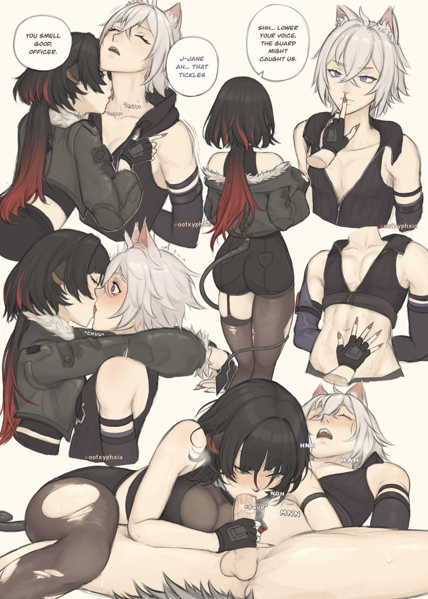 1boy 1girl absurdres ass blunt_bangs cat_boy closed_mouth crop_top english_text eye_contact fellatio french_kiss fur-trimmed_jacket fur_trim green_eyes green_hair green_jacket hair_between_eyes high-waist_shorts highres jacket jane_doe_(zenless_zone_zero) kiss long_hair looking_at_another mouse_girl multicolored_clothes multicolored_hair oofxyphxia open_mouth oral penis red_hair seth_lowell shirt shorts sidelocks simple_background smile speech_bubble tail thighs zenless_zone_zero