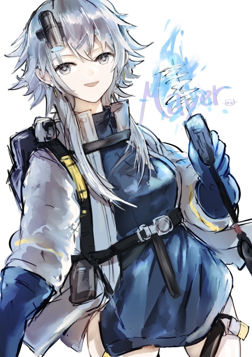 1girl arknights backpack bag bare_legs black_eyeliner blue_gloves blue_shirt breasts character_name chest_strap earrings eyeliner gloves grey_eyes grey_hair grey_jacket hair_behind_ear hair_between_eyes headlamp highres jacket jewelry knee_cutout looking_at_viewer makeup mayer_(arknights) mayer_(visionblazer_in_the_courtyard)_(arknights) medium_breasts open_mouth shirt short_hair_with_long_locks simple_background smile solo taser thigh_strap tukaima upper_body white_background