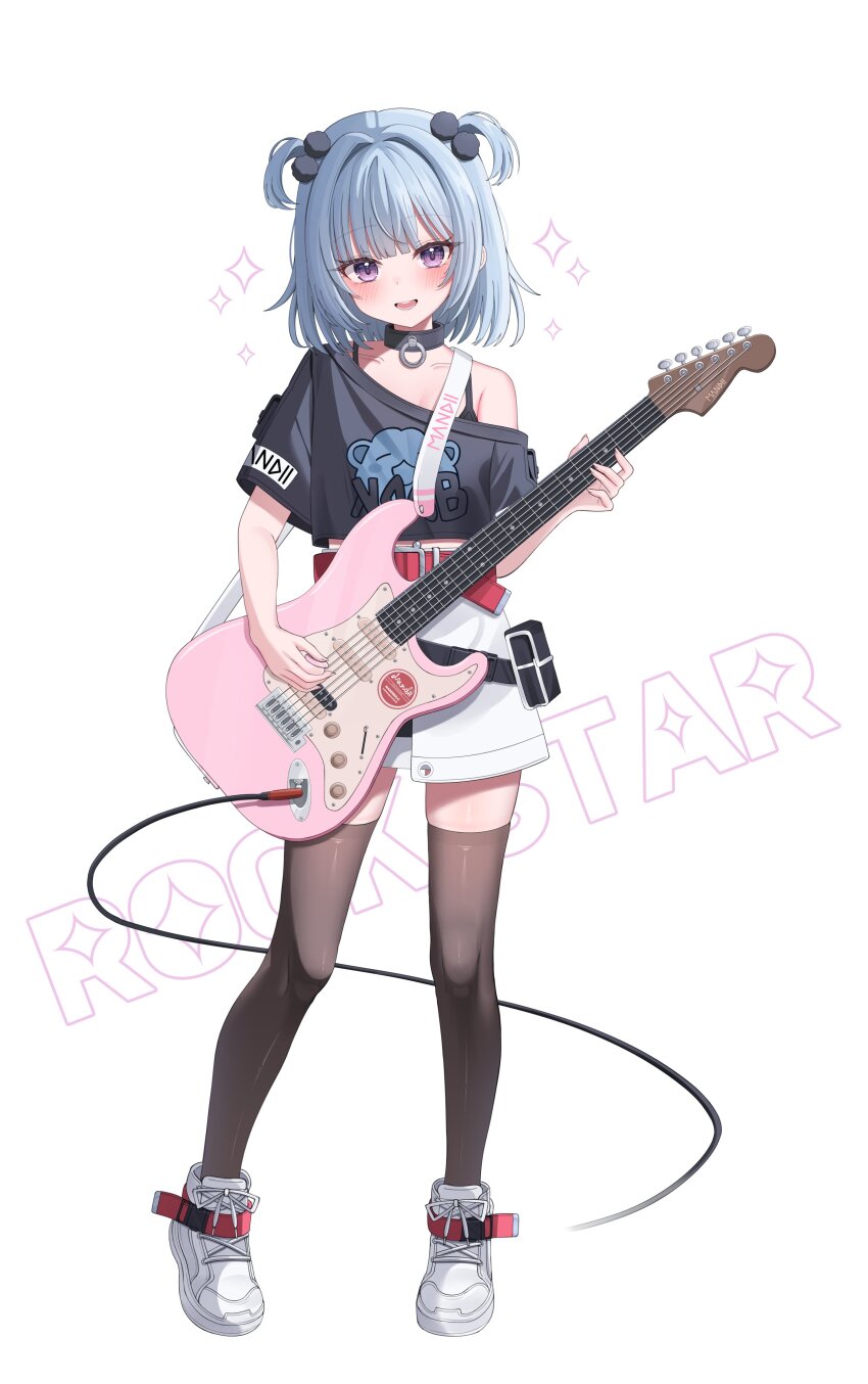 1girl :d absurdres bass_guitar black_choker black_shirt black_thighhighs blue_hair blush cable choker collarbone electric_guitar full_body guitar highres hiyayo25 holding holding_instrument indie_virtual_youtuber instrument looking_at_viewer mandii music off_shoulder open_mouth parted_lips playing_instrument plectrum purple_eyes shirt shoes short_hair short_sleeves simple_background smile solo sparkle standing t-shirt thighhighs white_background white_shoes