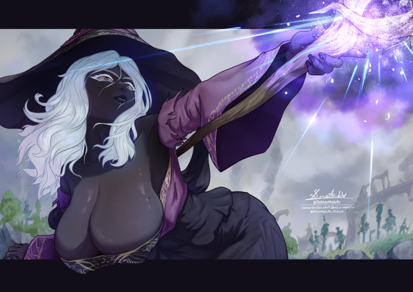 1girl black_skin breasts colored_skin dark-skinned_female dark_skin doktor_malefic elden_ring elden_ring_nightreign hat highres large_breasts large_hat long_hair magic purple_hat purple_sleeves recluse_(elden_ring) very_dark_skin white_hair witch witch_hat wooden_staff