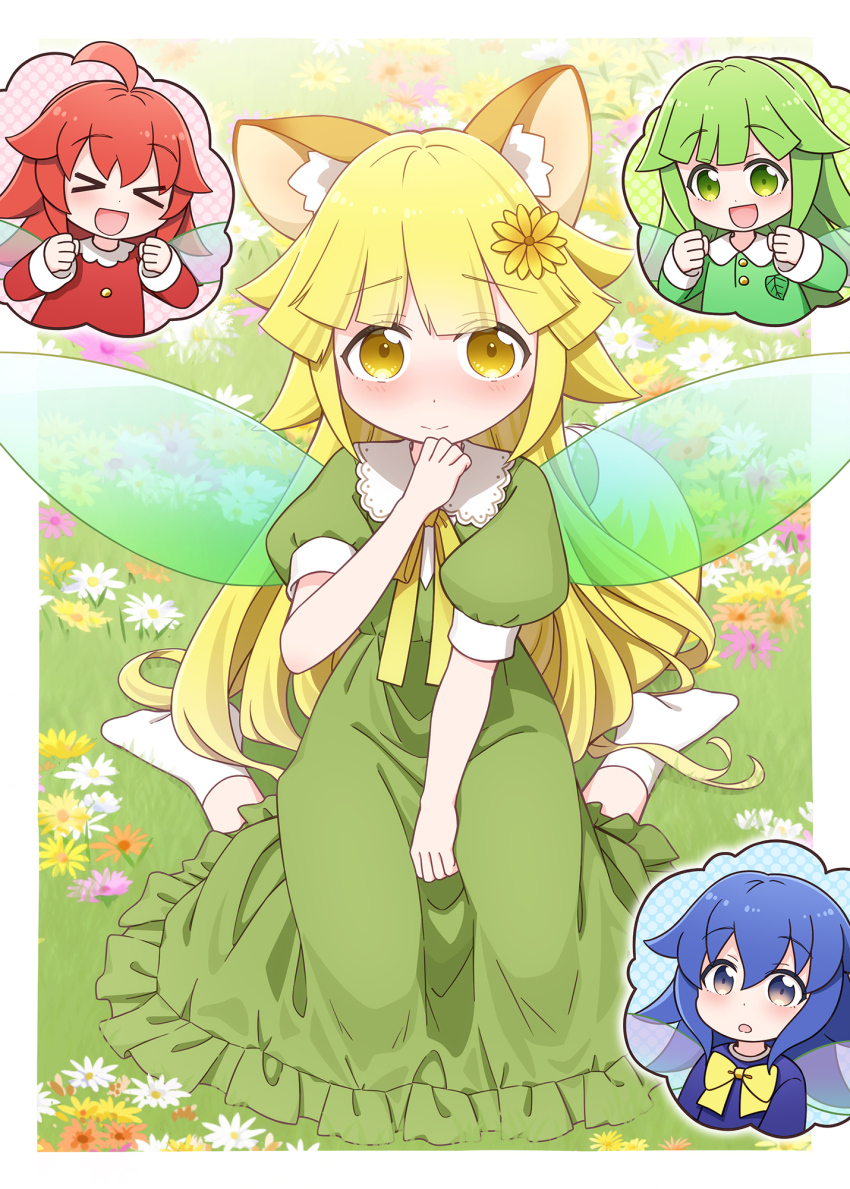 &gt;_&lt; 4girls :d ahoge animal_ear_fluff animal_ears blonde_hair blue_dress blue_eyes blue_hair blue_wings bow brown_eyes brown_flower chibi clenched_hands closed_eyes closed_mouth collared_dress commentary_request commission dress fairy fairy_wings flower fox_ears fox_girl fox_tail frilled_dress frills green_dress green_eyes green_hair hair_flower hair_ornament hands_up harada_(sansei_rain) highres long_hair long_sleeves multiple_girls on_grass open_mouth original puffy_short_sleeves puffy_sleeves purple_flower red_dress red_hair short_sleeves skeb_commission smile tail very_long_hair white_flower wings xd yellow_bow yellow_flower