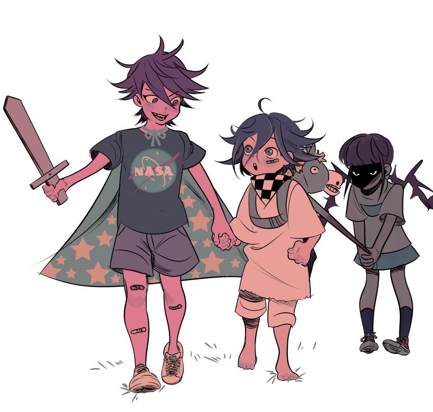 1girl 2boys absurdres aged_down ahoge alternate_costume aura bandaid bandaid_on_cheek bandaid_on_face bandaid_on_leg barefoot blunt_bangs blush cape checkered_clothes checkered_neckerchief child commentary danganronpa_(series) danganronpa_v3:_killing_harmony dark_aura english_commentary flipped_hair glaring hair_between_eyes harukawa_maki height_difference highres holding holding_hands jealous logo long_hair lovepoints low_twintails momota_kaito multiple_boys nasa_logo neckerchief oma_kokichi open_mouth oversized_clothes playing print_shirt purple_hair shirt shoes short_hair shorts simple_background smile sneakers star_(symbol) star_print sword t-shirt teeth twintails very_long_hair weapon white_background wide-eyed wooden_sword
