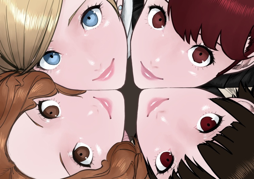 4girls blonde_hair blue_eyes brown_eyes brown_hair highres koukou_panchi long_hair looking_at_viewer medium_hair multiple_girls niijima_makoto okumura_haru persona persona_5 red_eyes red_hair takamaki_anne yoshizawa_sumire