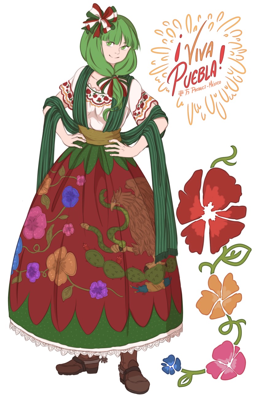 1girl bird boots bow cactus collarbone commentary copyright_name dress eagle female_focus flower front_ponytail full_body green_eyes green_hair hair_bow highres kagiyama_hina looking_at_viewer mefomefo mexican_dress mexico pun rattlesnake short_sleeves simple_background smile snake solo spurs touhou white_background