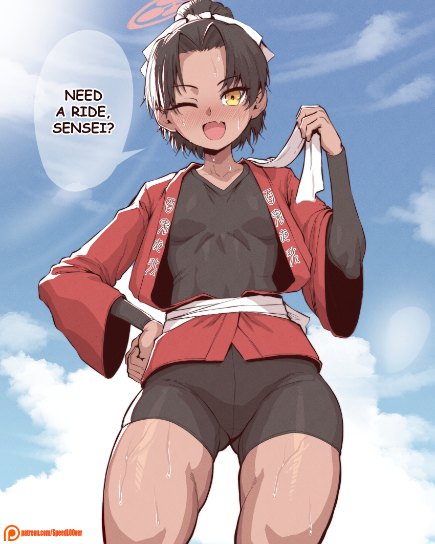 1girl absurdres bike_shorts black_hair black_shirt black_shorts blue_archive blue_sky blush breasts cloud cloudy_sky commentary cowboy_shot dark-skinned_female dark_skin day english_text fang gluteal_fold hair_bun halo hand_on_own_hip highres holding holding_towel looking_at_viewer one_eye_closed open_mouth outdoors patreon_logo patreon_username red_halo red_happi rickshaw_student_(blue_archive) sash shirt shorts single_hair_bun skin_fang sky small_breasts smile solo speech_bubble speedl00ver standing sweat tomboy towel v-neck watermark web_address white_sash yellow_eyes