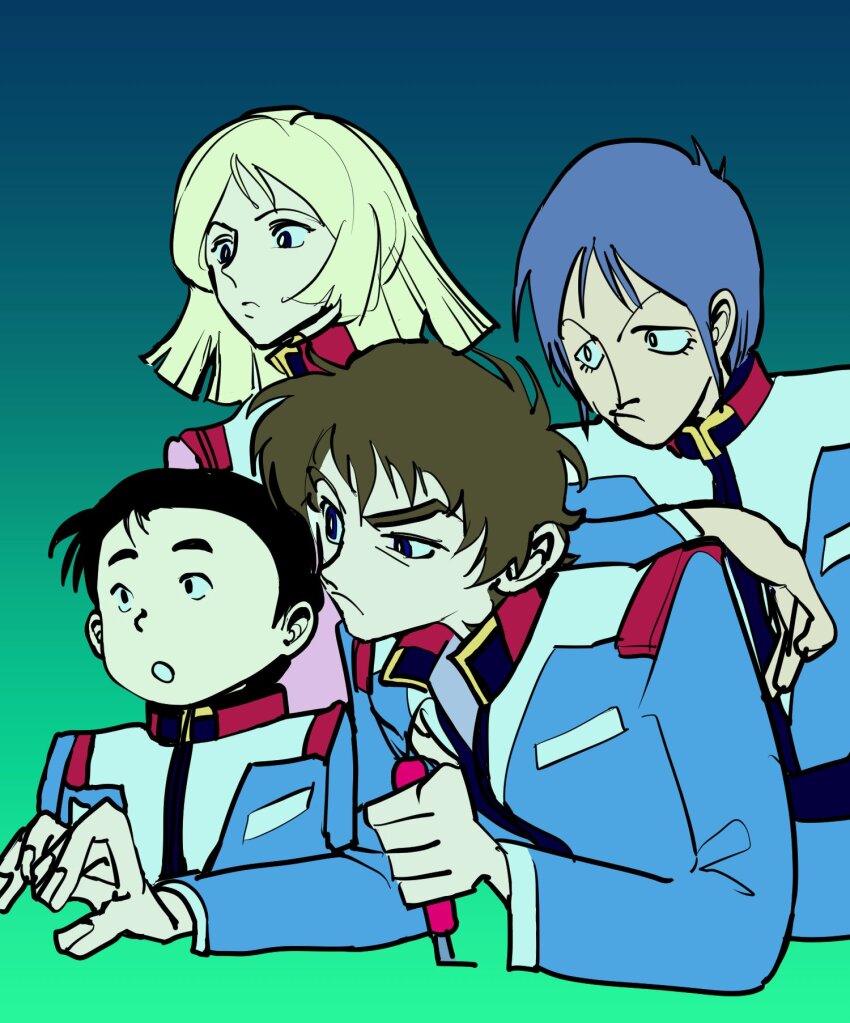 1girl 3boys :o abcontrol_zzz amuro_ray black_hair blonde_hair blue_eyes blue_jacket brown_hair earth_federation frown grey_hair gundam hayato_kobayashi highres jacket kai_shiden long_sleeves lower_eyelashes_only mobile_suit_gundam multiple_boys parted_lips pink_jacket sayla_mass short_hair