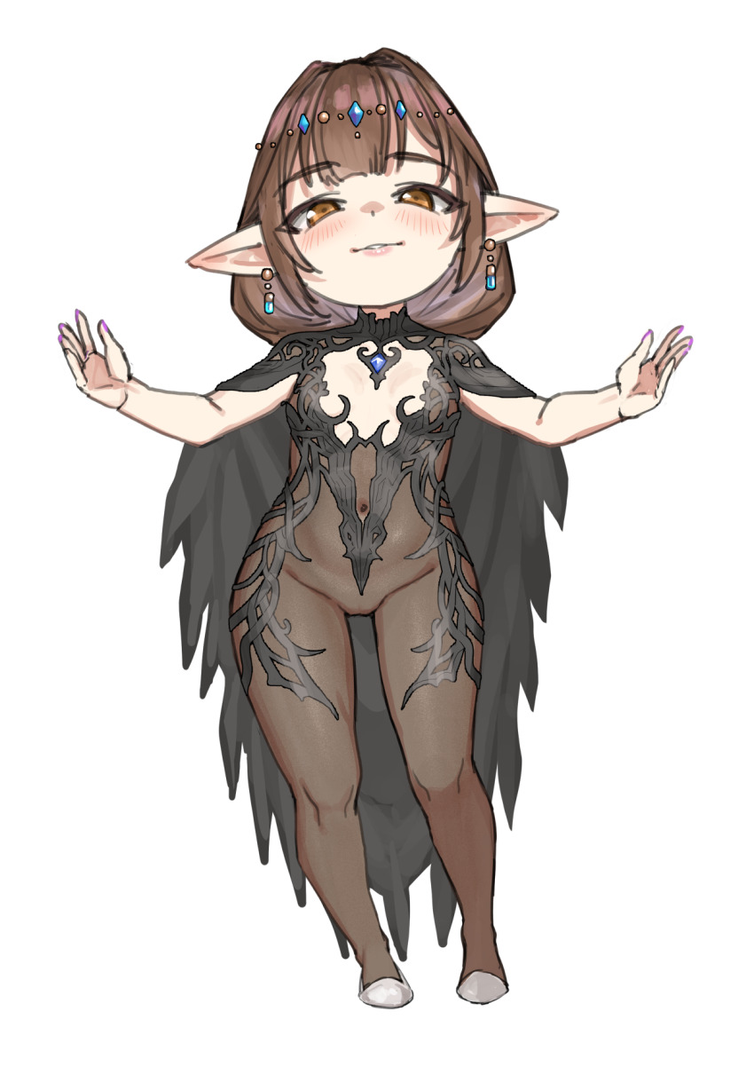 1girl bodystocking breasts brooch brown_hair cloak full_body granblue_fantasy haaselia harvin highres jewelry long_hair looking_at_viewer navel orange_eyes outstretched_arms pointy_ears simple_background small_breasts smile solo spread_arms straight-on white_background yggsil