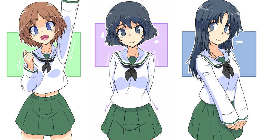 3girls arm_up arms_behind_back black_eyes black_hair black_neckerchief blouse blue_eyes blue_hair brown_hair clenched_hand closed_mouth commentary_request flying_sweatdrops freckles girls_und_panzer green_skirt heart highres long_hair long_sleeves looking_at_viewer midriff_peek miniskirt motion_lines multiple_girls navel neckerchief notice_lines ooarai_school_uniform open_mouth outline own_hands_together partial_commentary pleated_skirt renshiu sailor_collar sakaguchi_karina school_uniform serafuku shirt short_hair skirt smile standing utsugi_yuuki white_outline white_sailor_collar white_shirt yamagou_ayumi