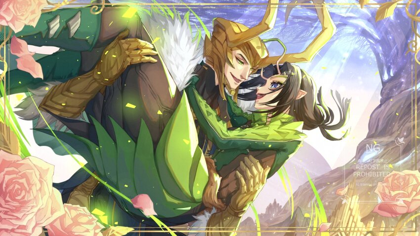 1boy 1girl :d alien antennae black_hair blue_eyes blue_sky boots brown_leggings carrying castle commentary couple fake_horns floating_hair flower fur-trimmed_gloves fur_trim gloves gold_gloves gold_helmet green_boots green_eyes guardians_of_the_galaxy hashtag-only_commentary helmet hetero highres horned_helmet horns leggings loki_(marvel) long_hair looking_at_another low-tied_long_hair mantis_(marvel) marvel marvel_rivals milord_jz open_mouth pink_flower pink_petals pink_rose pointy_ears princess_carry rose sky smile symbol-only_commentary thor_(marvel)_(series) yggdrasil