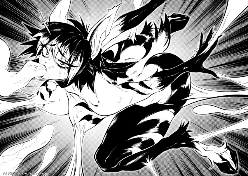 1girl animal_ears black_hair blush bound breasts chapter_170_monster_girl_(one-punch_man) fangs furry goat_legs hooves john_fox monster_girl neck_bell nipples no_nose one-punch_man red_eyes sharp_teeth tail teeth tentacle_sex tentaclejob tentacles web