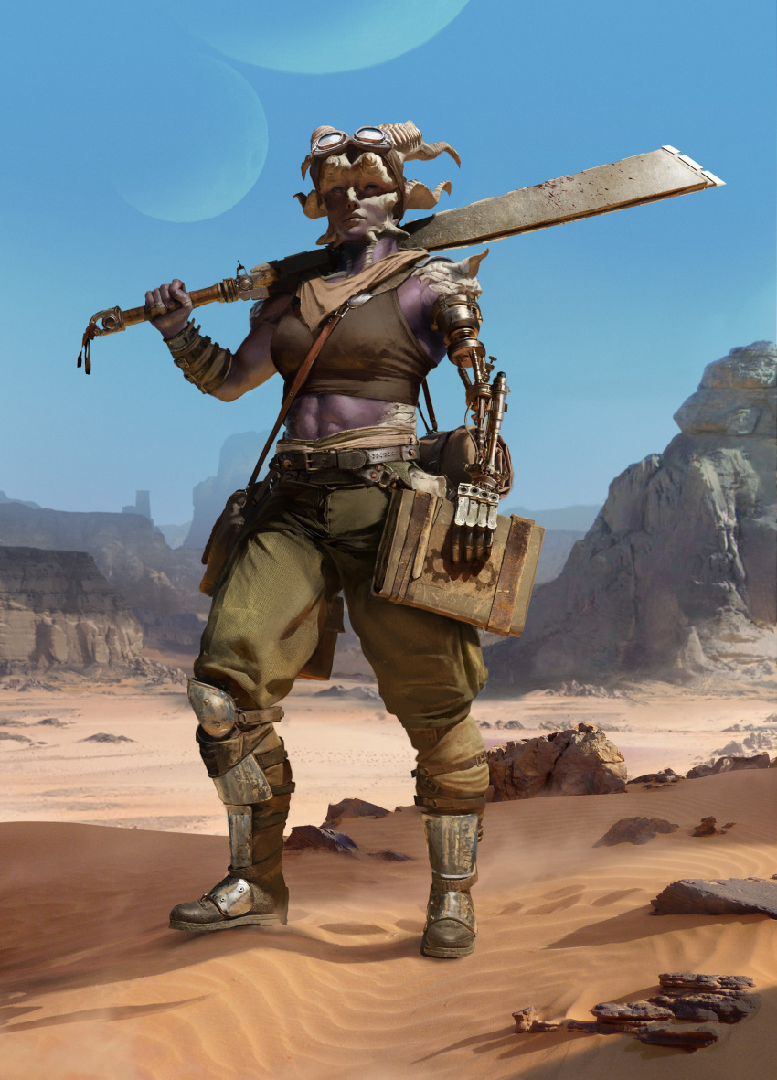 1girl abs absurdres bag belt blue_sky boots bracer cargo_pants colored_skin desert goggles goggles_on_head highres holding holding_sword holding_weapon horns huge_weapon kenshi moon mountainous_horizon multiple_moons pants prosthesis prosthetic_arm purple_skin sand satchel single_bracer sky solo sword tank_top toned weapon zaqakhani