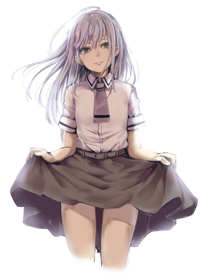 10s ambiguous_gender aozora_tsugumi asobi_asobase belt belt_buckle brown_belt brown_neckwear brown_skirt buckle collared_shirt commentary_request funyariko green_eyes head_tilt highres long_hair looking_at_viewer parted_lips school_uniform shirt short_sleeves silver_hair simple_background skirt skirt_hold smile solo standing very_long_hair white_background white_shirt