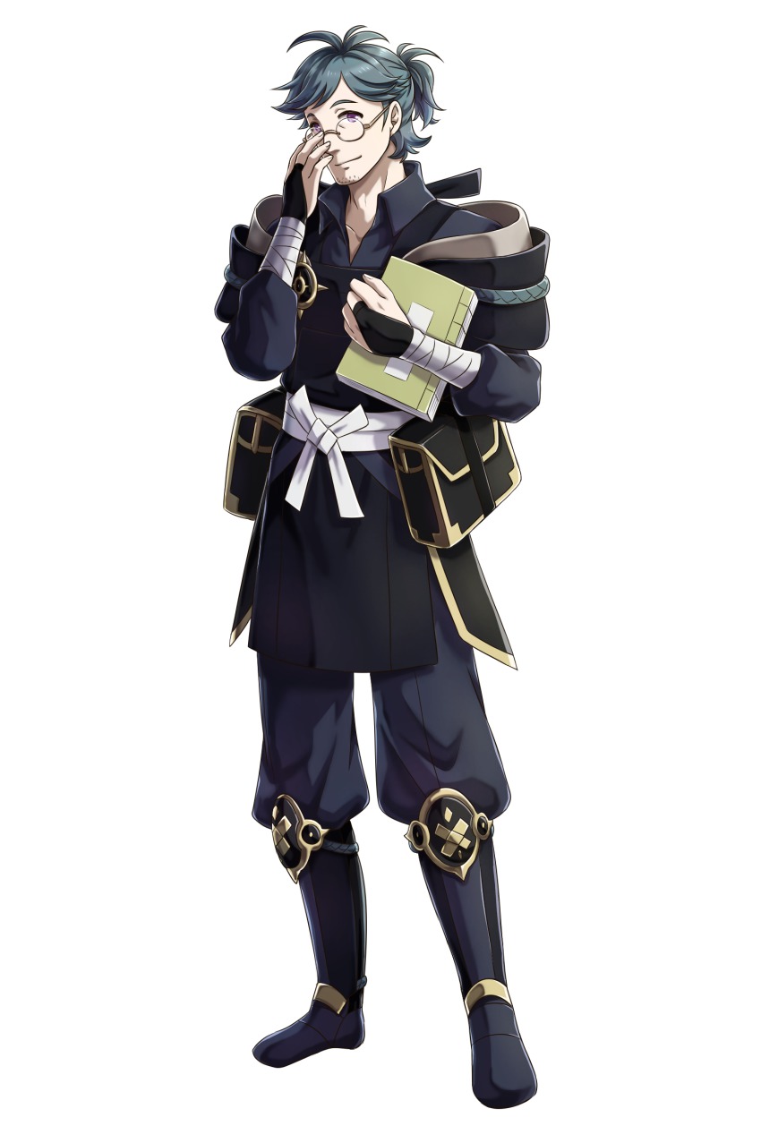 1boy beard blue_hair book boots facial_hair fire_emblem fire_emblem_fates full_body glasses highres male_focus nintendo ponytail purple_eyes riru_ash simple_background solo white_background yukimura_(fire_emblem)