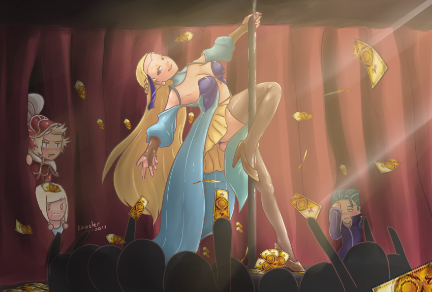 2boys 2girls aria_benett artist_name ass bad_anatomy blonde_hair blue_eyes blush breasts dated desch dress earrings final_fantasy final_fantasy_iii high_heels highres jewelry medium_breasts miniskirt multiple_boys multiple_girls non-web_source onion_knight panties pole_dancing rain sara_altney skirt smile stage thighhighs underwear