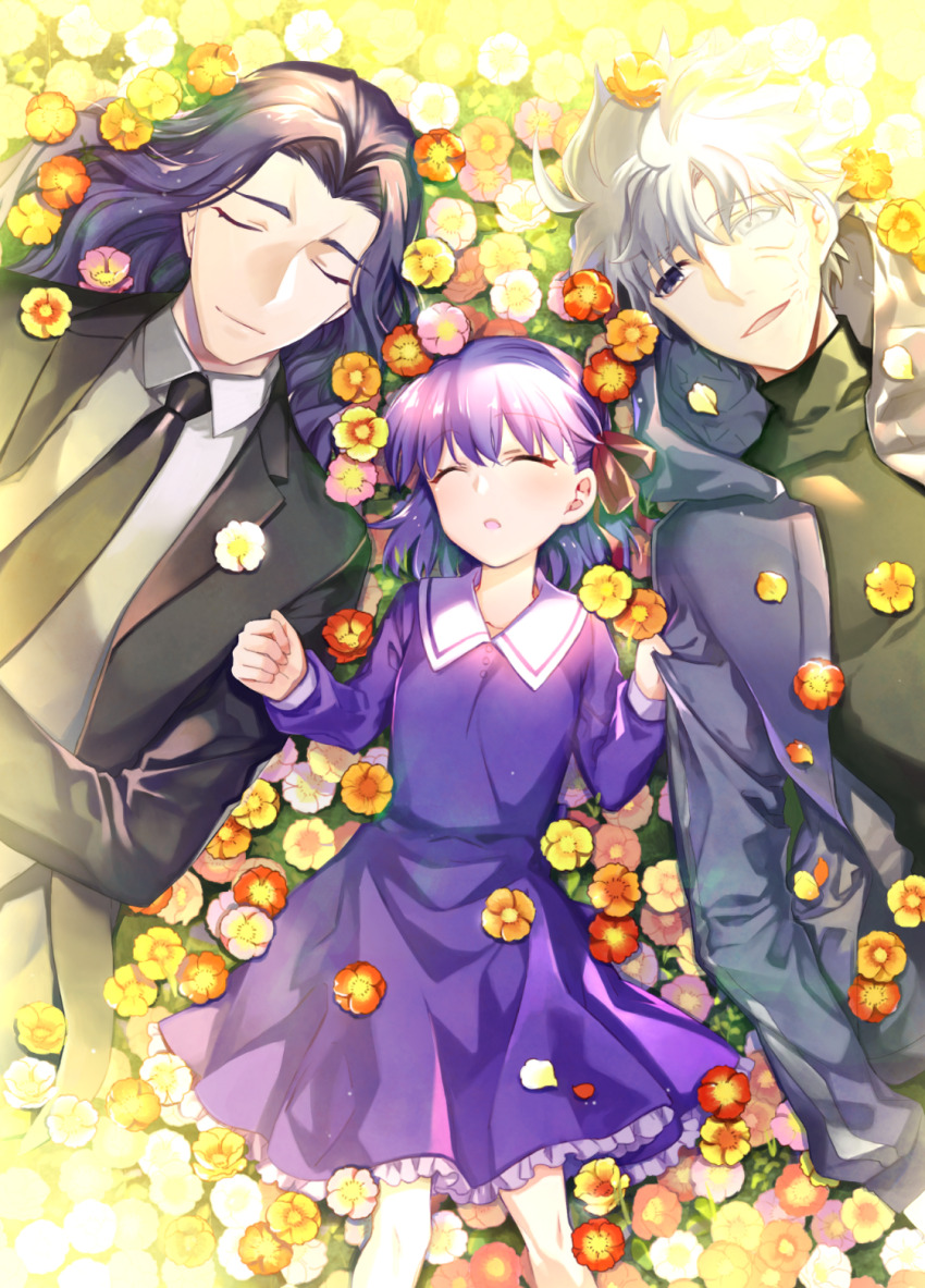 1girl 2boys black_eyes closed_eyes commentary_request dress fate/zero fate_(series) field flower flower_field formal_clothes heterochromia highres lancelot_(fate/zero) long_hair lying matou_kariya matou_sakura matou_sakura_(fate/zero) multiple_boys necktie purple_dress purple_hair sleeping smile spoilers suit twitter_username white_eyes white_hair ycco_(estrella)