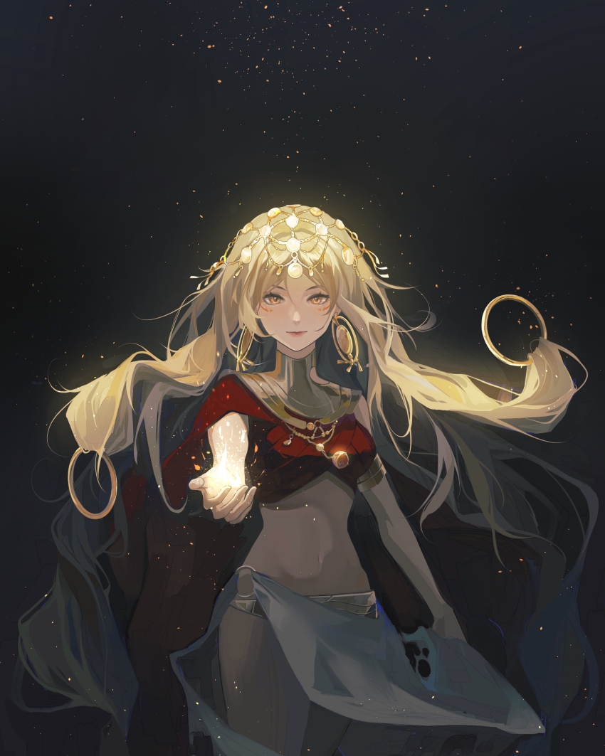 1girl absurdres bare_arms bare_legs black_background blonde_hair cape chinese_commentary commentary cowboy_shot crop_top disk_earrings earrings facial_mark fire floating_earring glowing glowing_jewelry headpiece hestia_(path_to_nowhere) highres jewelry large_ears light_particles light_smile linea_alba long_hair low-tied_long_hair navel path_to_nowhere pelvic_curtain reaching reaching_towards_viewer red_cape red_lips red_shirt shirt side_cape single_bare_shoulder solo standing stomach straight-on usekh_collar wangmumumu
