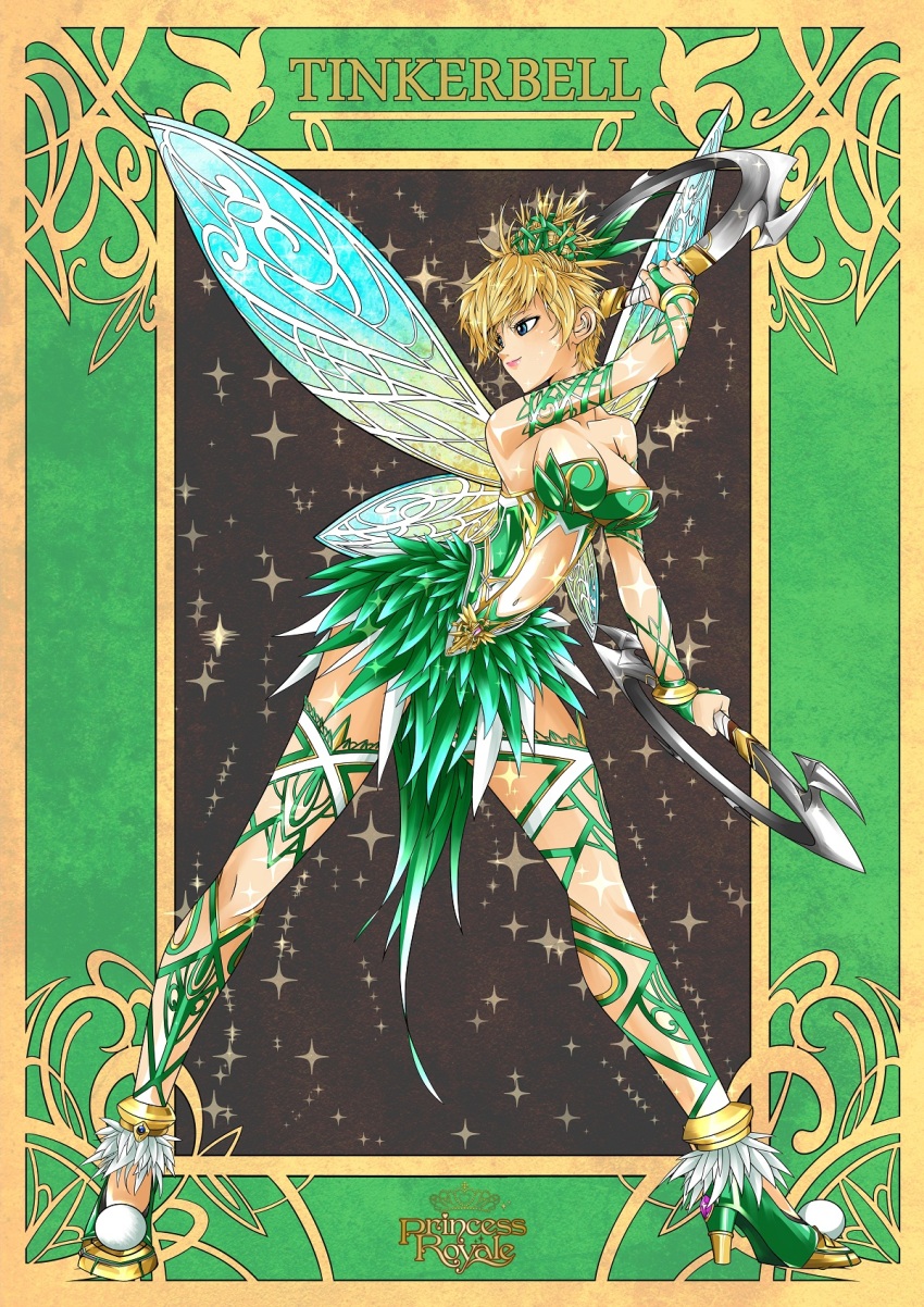 1girl adapted_costume anklet armlet art_nouveau blonde_hair blue_eyes border bracelet breasts bridal_gauntlets cai-man chakram character_name cleavage contrapposto fairy fairy_wings female_focus hair_bun high_heels highres jewelry leaning_forward lips navel peter_pan_(novel) pointy_hair princess_royale single_hair_bun solo sparkle standing tinker_bell_(disney) weapon wings
