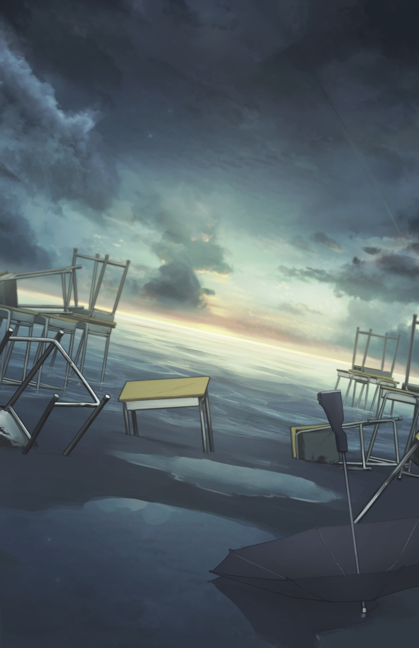 absurdres after_rain chair cloud cloudy_sky dutch_angle highres kabanoki no_humans original outdoors puddle scenery sky table umbrella wasteland water