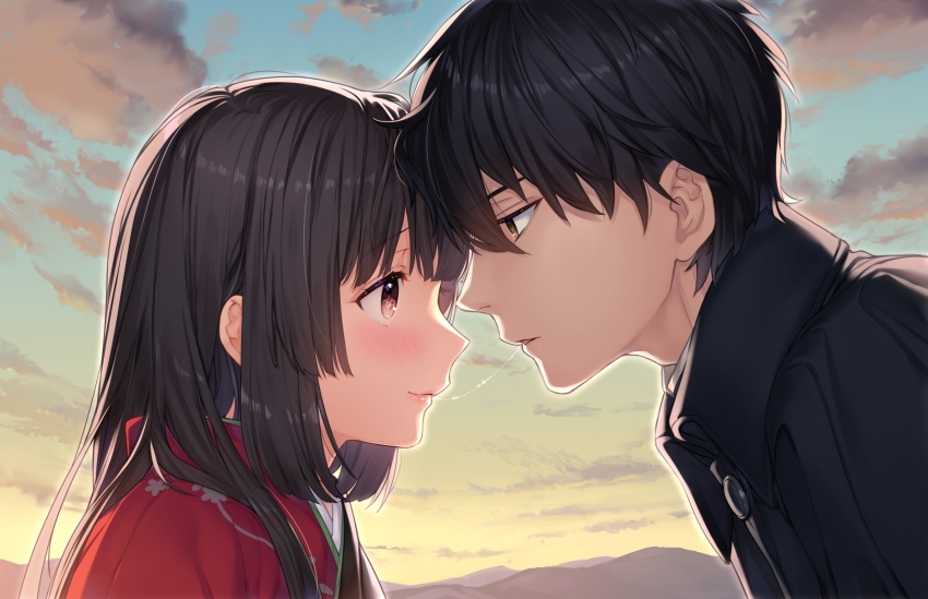 1boy 1girl black_hair black_jacket blush brown_eyes cloud couple eye_contact forehead-to-forehead game_cg heads_together hetero highres jacket japanese_clothes kaguyuzu kimono long_hair looking_at_another nie_no_hakoniwa non-web_source outdoors saliva saliva_trail shiki_kyoko sky twilight yasaka_kurou