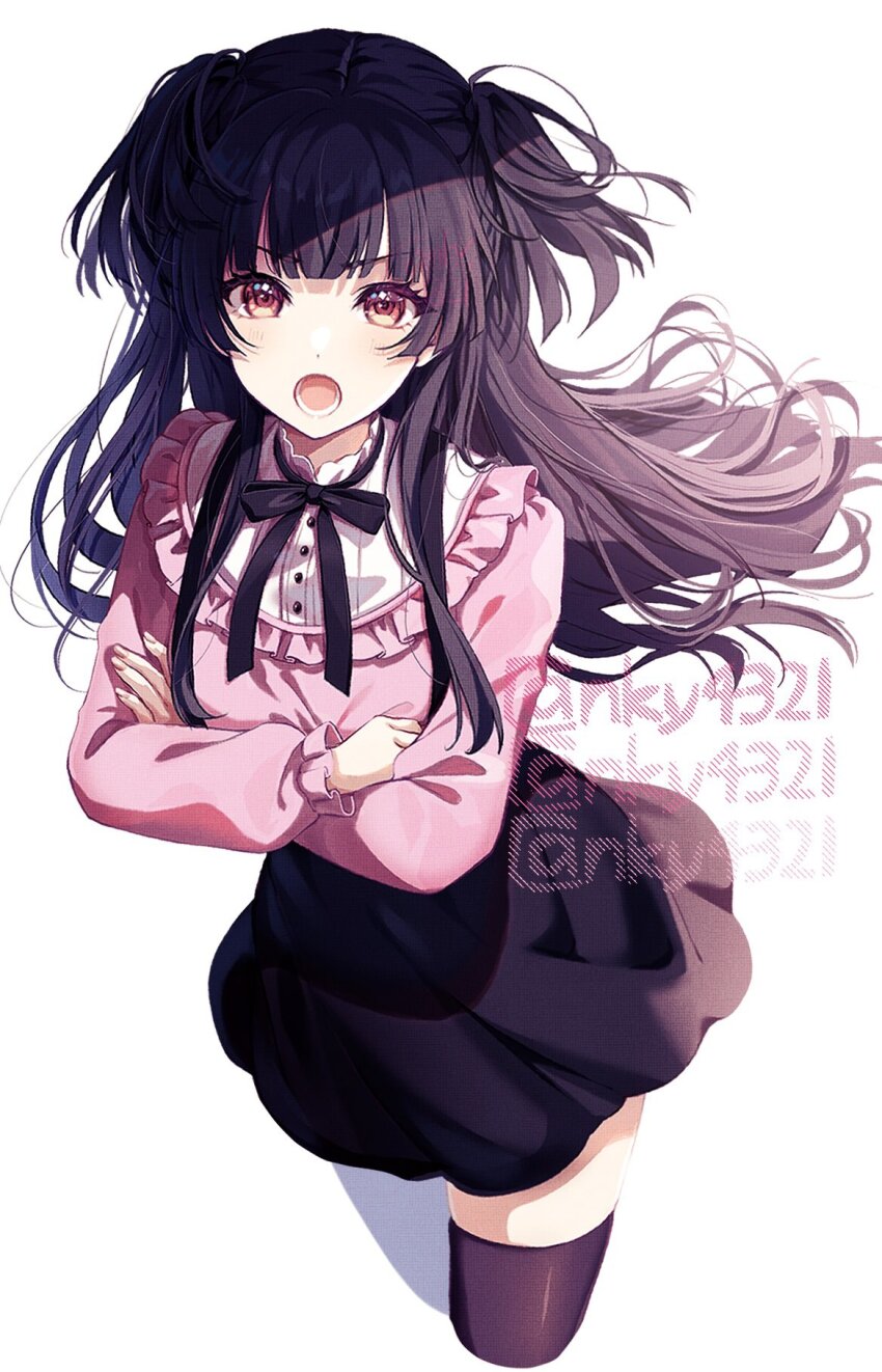 1girl black_hair black_ribbon black_skirt black_thighhighs blush brown_eyes commentary crossed_arms hashtag-only_commentary highres idolmaster idolmaster_shiny_colors long_hair looking_at_viewer lower_teeth_only mayuzumi_fuyuko nakaya_rei neck_ribbon open_mouth pink_shirt ribbon shade shirt simple_background skirt solo teeth thighhighs two_side_up white_background zettai_ryouiki