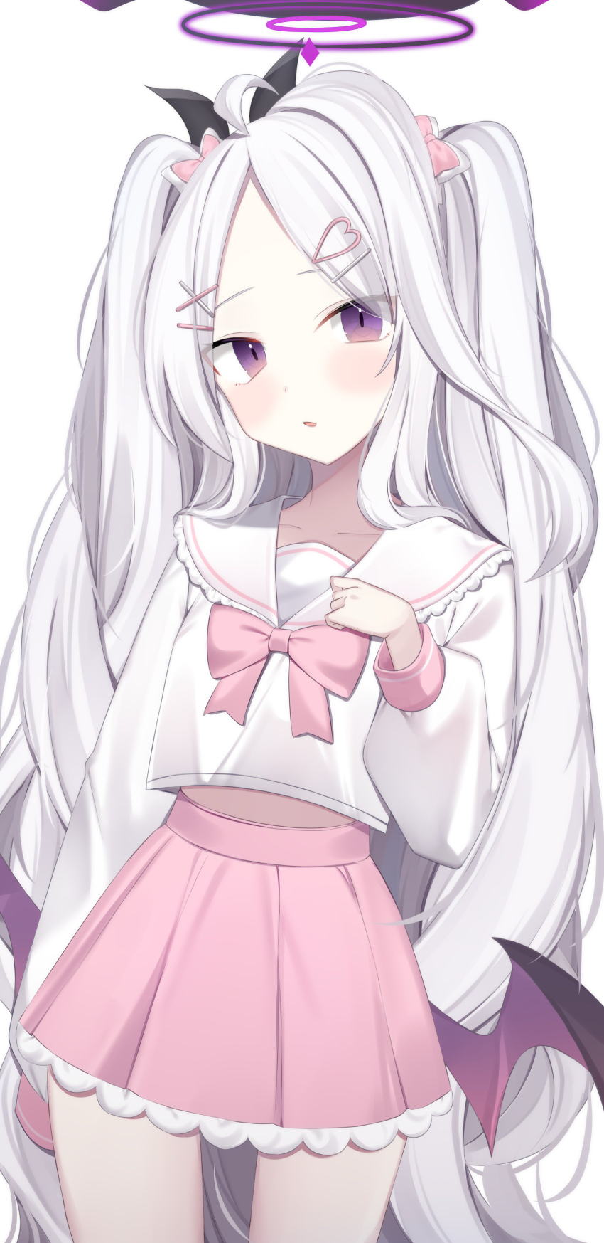 1girl absurdres ahoge blue_archive bow commentary frilled_sailor_collar frills hair_bow hair_ornament hairclip halo hanasaki_rin heart heart_hair_ornament highres hina_(blue_archive) long_hair long_sleeves looking_at_viewer low_wings pink_bow pink_skirt pleated_skirt purple_eyes purple_halo sailor_collar school_uniform serafuku shirt simple_background skirt solo very_long_hair white_background white_sailor_collar white_shirt wings x_hair_ornament