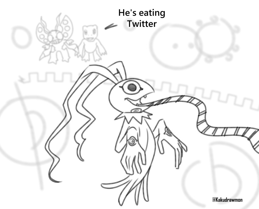 absurdres agumon artist_name blurry blurry_background digimon digimon_(creature) digimon_adventure digimon_adventure:_bokura_no_war_game full_body highres kakudrawmon keramon no_humans open_mouth sketch solo_focus tentomon white_background