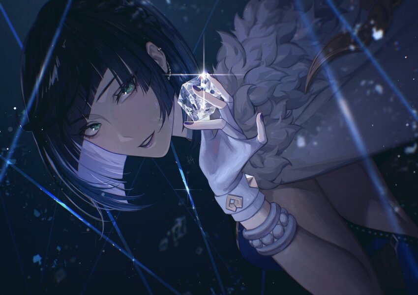 1girl back blue_hair bracelet diagonal_bangs earclip earrings feather-trimmed_jacket fingerless_gloves fur_trim genshin_impact gloves green_eyes highres holding jewelry kgynh looking_at_viewer makeup nail_polish solo teeth yelan_(genshin_impact)