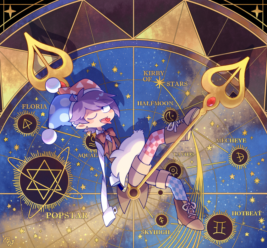 1boy animal animal_on_lap antenna_hair aquarius_(symbol) asymmetrical_legwear beco_(100me) bird blue_hat blue_thighhighs blush_stickers boots bow bowtie brown_boots brown_shorts brown_vest buttons checkered_thighhighs chicken clock collared_shirt commentary_request copyright_name dress_shirt earrings fang full_body gold_earrings hat heart heart_earrings heart_in_mouth highres jester_cap jewelry kirby_(series) lace-up_boots long_sleeves looking_at_viewer male_focus marx_(kirby) marx_(true_form)_(kirby) mismatched_legwear multicolored_hair nintendo on_lap one_eye_closed open_clothes open_mouth open_vest personification pisces_(symbol) pointy_ears polka_dot_headwear pom_pom_hat_ornament purple_eyes purple_hair red_bow red_bowtie red_hat red_thighhighs rooster sagittarius_(symbol) shirt short_hair shorts single_earring sitting sleeves_past_fingers sleeves_past_wrists smile solo star_(sky) star_(symbol) thighhighs tongue triangle_print two-tone_hair vest white_shirt