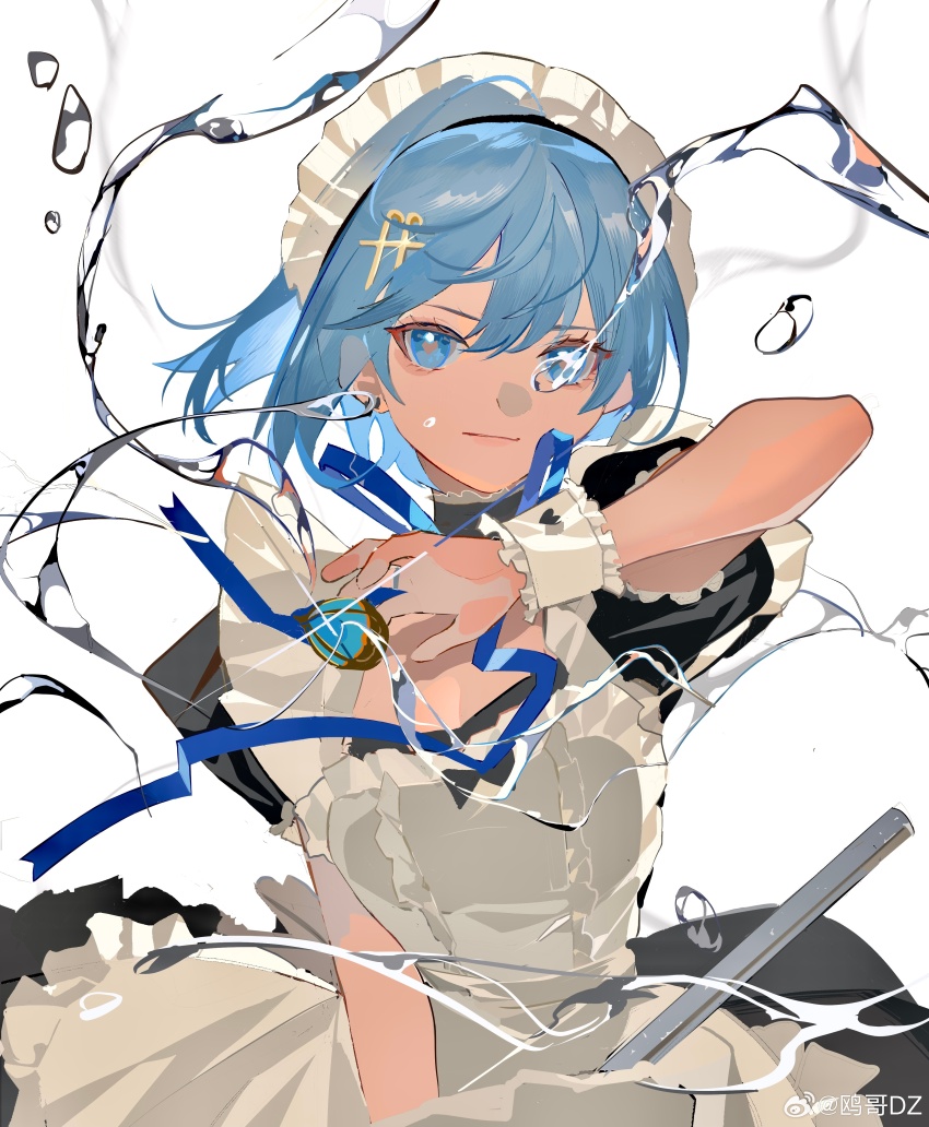1girl absurdres alternate_costume apron black_bow black_choker black_dress black_hairband blue_eyes blue_hair blue_ribbon bow brown_pupils center_frills chinese_commentary choker closed_mouth commentary_request cowboy_shot dress enmaided eyelashes fortissimo frilled_apron frilled_choker frilled_hairband frilled_sleeves frilled_wrist_cuffs frills hair_ornament hairband hand_on_lap heart heart-shaped_pupils highres holding holding_mop hydrokinesis jewelry light_smile looking_at_viewer mahou_shoujo_madoka_magica mahou_shoujo_madoka_magica_(anime) maid maid_headdress making-of_available miki_sayaka mop musical_note musical_note_hair_ornament object_floating_above_hand ouge_dz pink_lips puffy_short_sleeves puffy_sleeves ribbon ring short_dress short_hair short_sleeves simple_background solo soul_gem symbol-shaped_pupils water water_drop watermark weibo_watermark white_apron white_background white_wrist_cuffs wrist_cuffs