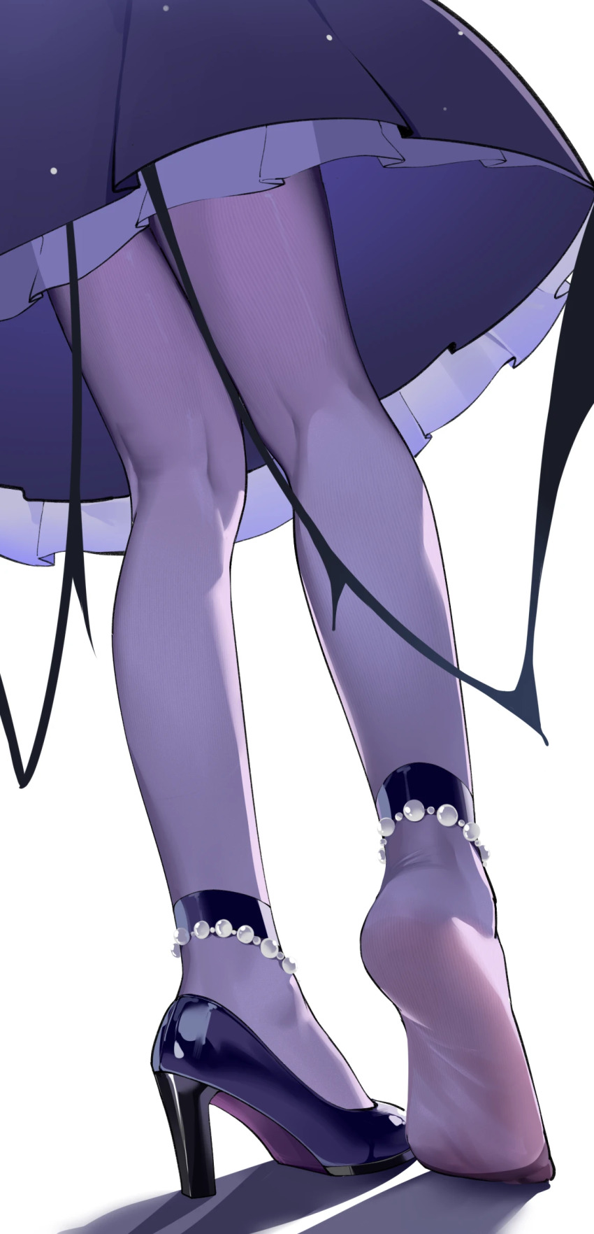 1girl absurdres blue_archive dress foot_focus frilled_dress frills from_behind high_heels highres hina_(blue_archive) hina_(dress)_(blue_archive) low_wings lower_body no_shoes painterliuhao pantyhose purple_dress purple_pantyhose purple_shoes shoes single_shoe solo standing_on_tiptoe wings
