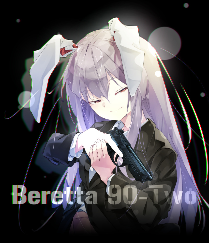 1girl animal_ears beretta_90two black_jacket closed_mouth collared_shirt commentary_request gorilla_(bun0615) gun handgun highres holding holding_gun holding_weapon jacket long_hair long_sleeves purple_hair rabbit_ears rabbit_girl red_eyes reisen_udongein_inaba shirt skirt smile solo touhou trigger_discipline very_long_hair weapon white_shirt