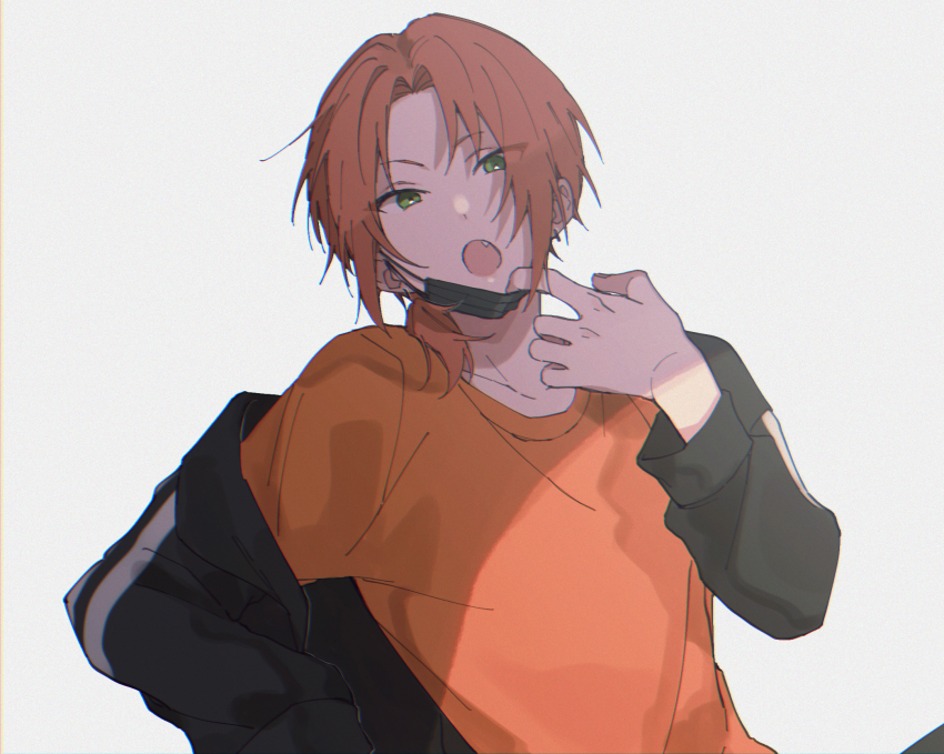 1boy :o black_jacket ensemble_stars! fang green_eyes grey_background highres jacket low_side_ponytail male_focus mask mouth_mask multicolored_jacket open_mouth orange_hair orange_shirt shirt solo tojimobu tsukinaga_leo white_jacket