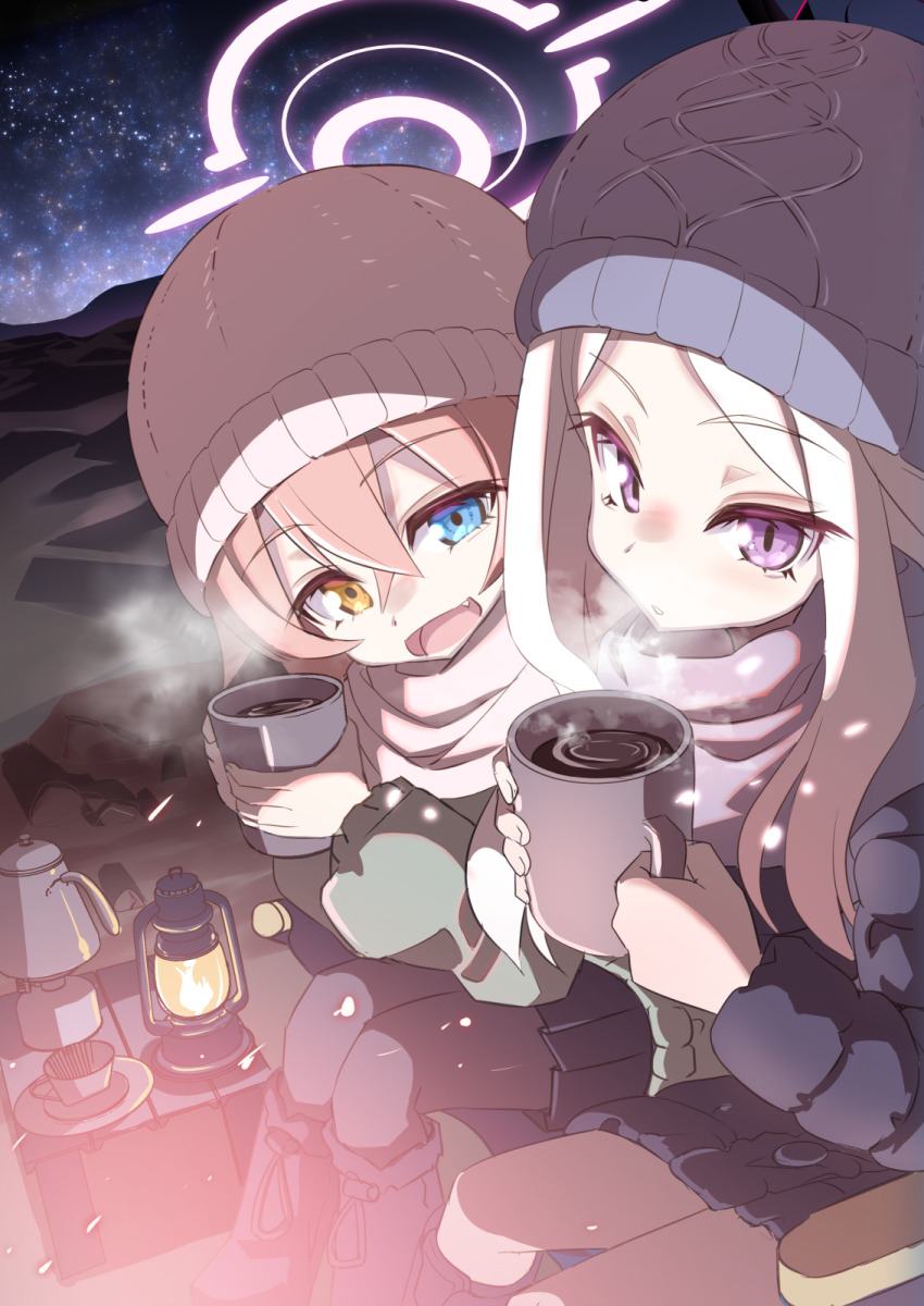 2girls beanie black_boots black_halo black_jacket black_pantyhose black_skirt blue_archive blue_eyes blue_hat boots camping coffee coffee_mug crossed_bangs cup down_jacket fang feet_out_of_frame full_body green_jacket hair_between_eyes halo hat heterochromia highres hina_(blue_archive) holding holding_cup hoshino_(blue_archive) jacket kazekawa_nagi kerosene_lamp lamp long_hair looking_at_viewer mug multiple_girls night night_sky open_mouth outdoors pantyhose parted_lips percolator pink_hair pink_halo pleated_skirt purple_eyes purple_scarf scarf sitting skirt sky smile white_hat white_scarf yellow_eyes