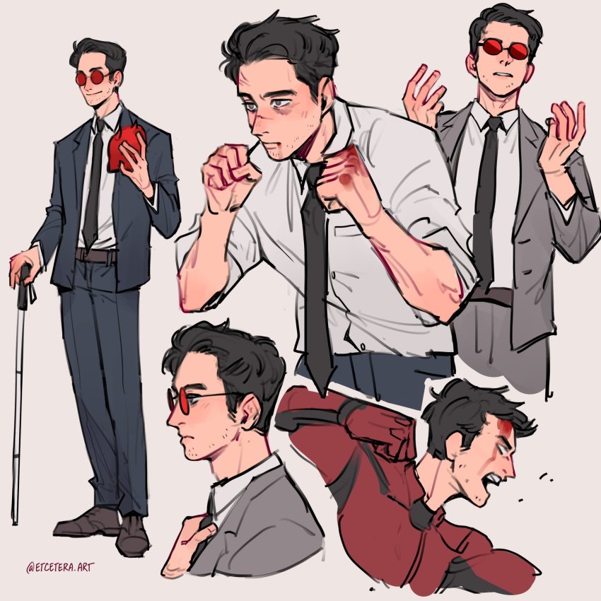 1boy animification artist_name belt black_hair black_jacket black_necktie black_pants black_suit blood blood_from_mouth blood_on_face breast_pocket brown_eyes brown_footwear cane clenched_hands closed_mouth collared_shirt commentary daredevil daredevil_(netflix) english_commentary etceteraart facial_hair formal_clothes full_body glasses grey_background grey_jacket grey_pants grey_suit highres holding instagram_username jacket male_focus marvel marvel_cinematic_universe matt_murdock mature_male multiple_views necktie open_mouth pants pocket punching red-tinted_eyewear shirt shirt_tucked_in short_hair simple_background sleeves_rolled_up smile standing stubble suit tinted_eyewear white_shirt