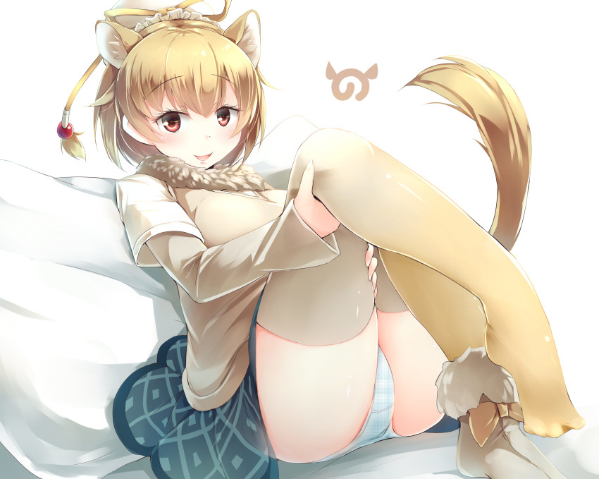 1girl :d absurdres animal_ear_fluff blonde_hair boots bun_cover camel_ears camel_tail commentary_request dromedary_(kemono_friends) extra_ears female_focus fur_collar hair_bun highres japari_symbol kanzakietc kemono_friends layered_sleeves long_sleeves looking_at_viewer open_mouth panties pantyshot pillow plaid_clothes plaid_panties red_eyes short_hair short_over_long_sleeves short_sleeves single_boot single_hair_bun skirt smile solo tail thighhighs underwear