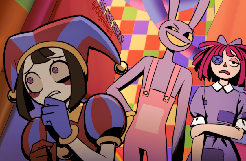 1boy 2girls animal_ears black_hair blue_eyes blush_stickers bow button_eyes buttons commentary czy_(2894456992) dress frown gloves half-closed_eyes hand_on_own_hip hat hat_bell highres jax_(the_amazing_digital_circus) jester jester_cap jester_costume multicolored_eyes multicolored_hat multiple_girls overalls pomni_(the_amazing_digital_circus) purple_bow purple_dress rabbit_ears ragatha_(the_amazing_digital_circus) raised_eyebrows red_eyes red_hair red_overalls striped_clothes striped_headwear the_amazing_digital_circus twitter_username two-tone_eyes vertical-striped_bodysuit vertical-striped_clothes vertical-striped_headwear watermark yellow_gloves