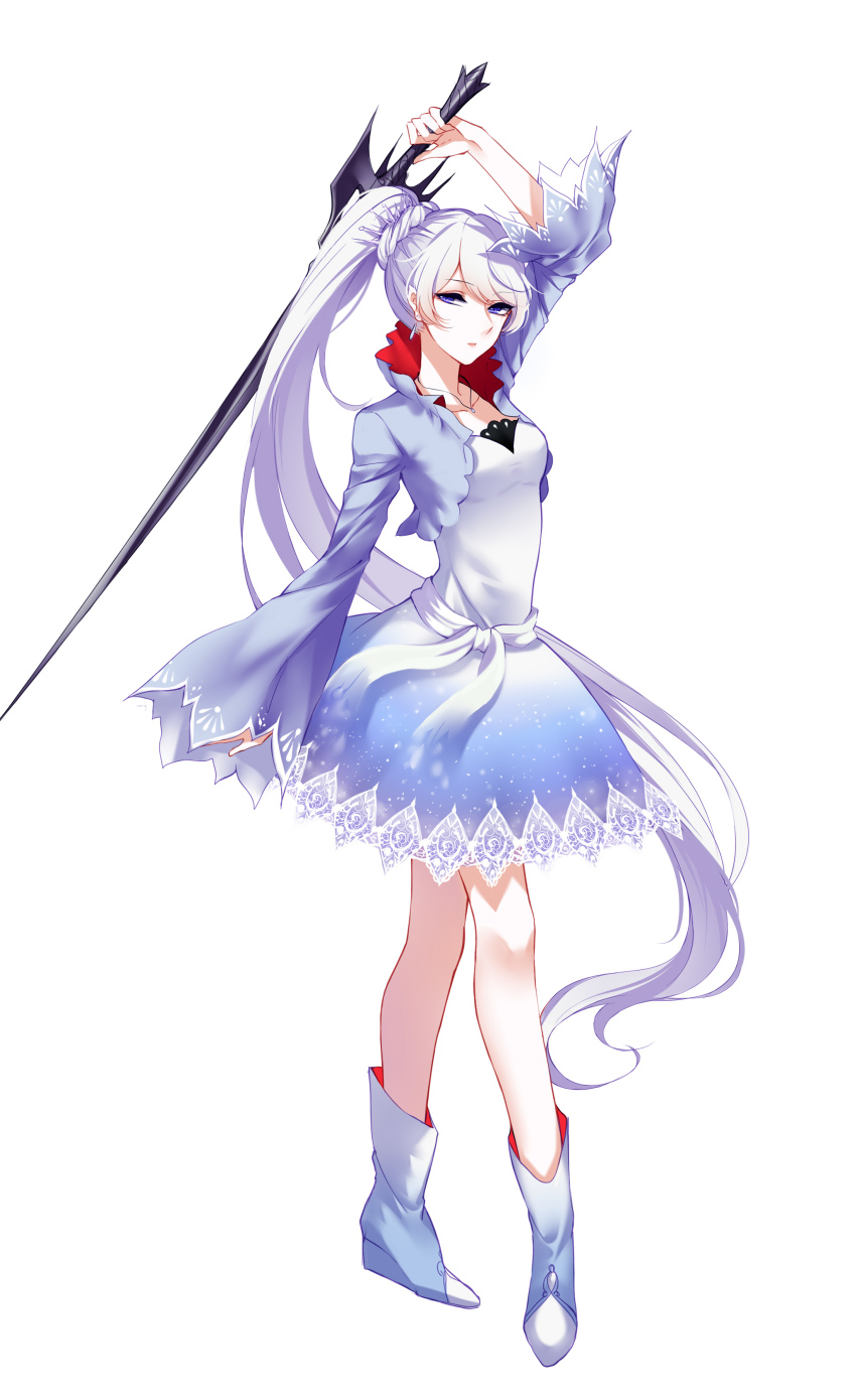 1girl absurdres arm_up bad_id bad_pixiv_id blue_boots blue_dress boots breasts collarbone dress earrings female_focus full_body gradient_clothes gradient_dress hands_in_opposite_sleeves highres holding holding_sword holding_weapon jewelry knee_boots light_smile long_hair long_sleeves looking_at_viewer medium_breasts necklace no_socks parted_lips ponytail purple_eyes rapier ribbon rwby scar scar_across_eye scar_on_face sheya simple_background solo standing sword tsurime very_long_hair weapon wedge_heels weiss_schnee white_background white_ribbon wide_sleeves