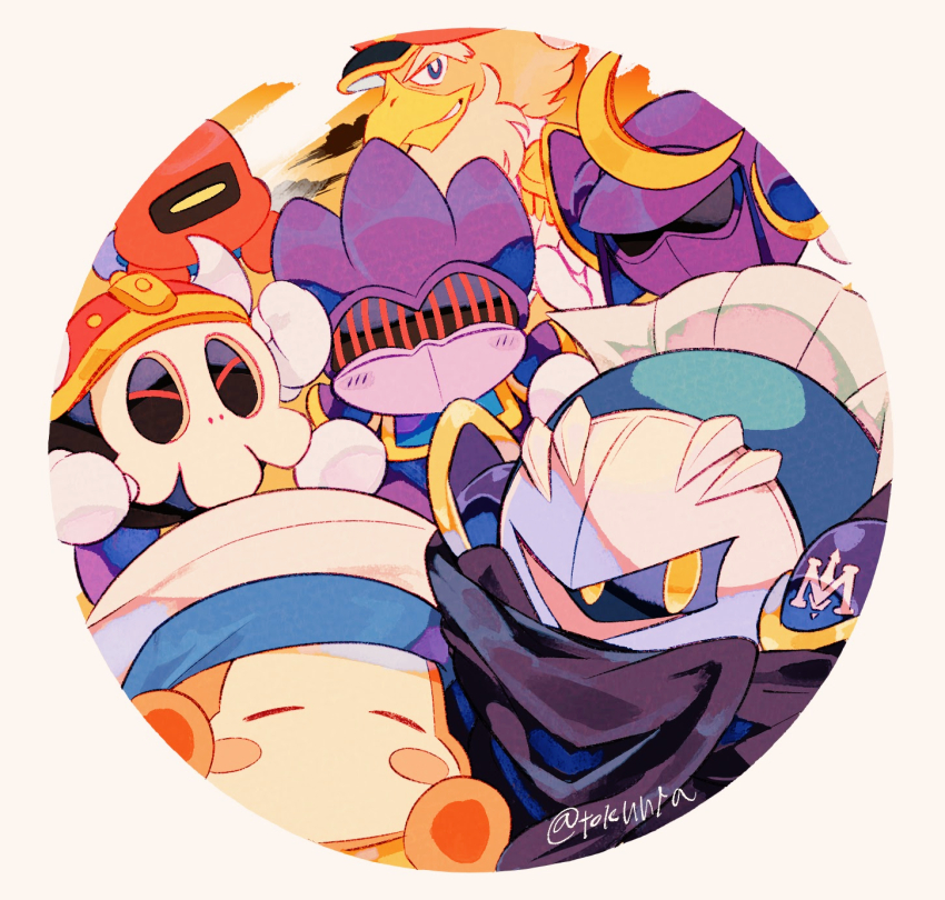 ^_^ armor artist_name axe_knight_(kirby) beard black_cape blue_eyes blush blush_stickers border cape captain_vul round_border closed_eyes cloud commentary_request crescent facial_hair fake_horns gloves grin hat helm helmet highres horned_helmet horns javelin_knight kirby_(series) looking_at_viewer mace_knight mask meta_knight nintendo orange_sky pauldrons peaked_cap red_headwear round_border sailor_hat sailor_waddle_dee shoulder_armor skull_mask sky smile tokuura trident_knight twitter_username v-shaped_eyebrows white_border white_gloves white_headwear yellow_eyes
