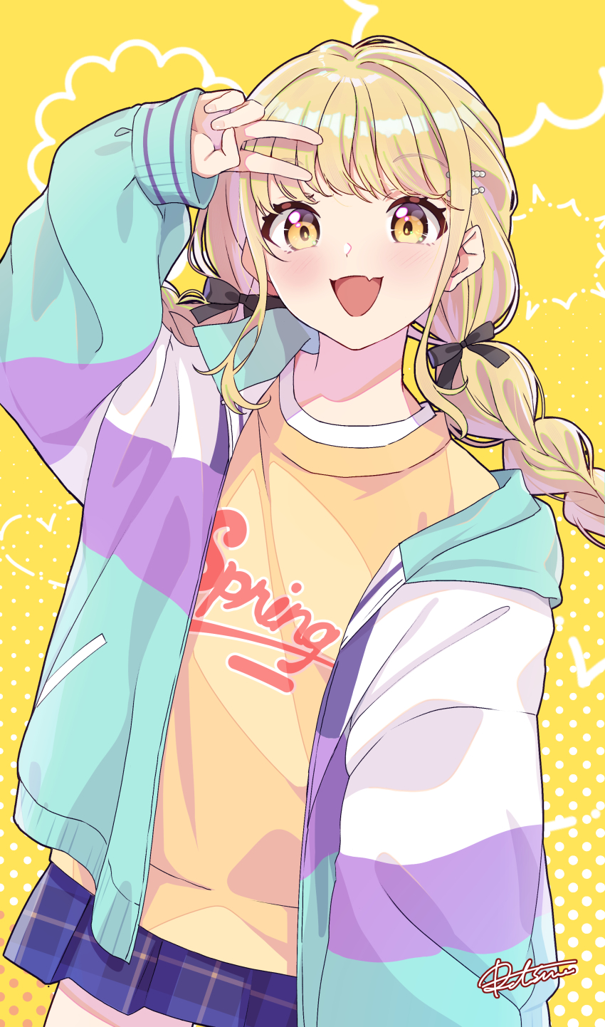 1girl absurdres artist_name blonde_hair blue_skirt braid fang fujita_kotone gakuen_idolmaster highres hood hooded_jacket idolmaster jacket long_hair multicolored_jacket open_mouth retsuna skin_fang skirt smile solo twin_braids v yellow_eyes