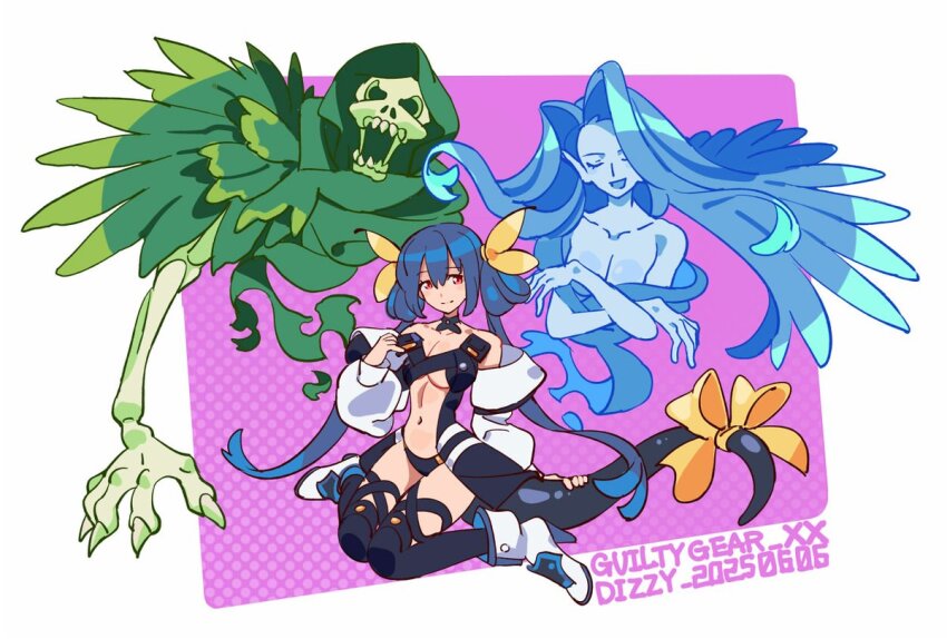 1girl 2girls asymmetrical_wings black_thighhighs blue_hair blue_wings breasts dizzy_(guilty_gear) full_body futa_yuri_ryona green_wings guilty_gear guilty_gear_xrd looking_at_viewer multiple_girls necro_(guilty_gear) skull smile tail thighhighs twintails undine_(guilty_gear) wings