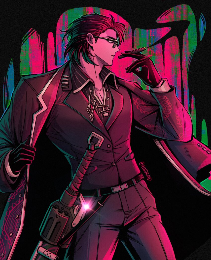 1boy 4indroid belt black_gloves black_hair black_shirt cigarette coat collared_shirt gloves hair_slicked_back highres holding holding_cigarette holding_coat holding_unworn_clothes limbus_company male_focus messy_hair meursault_(project_moon) project_moon red_coat saturated sheath sheathed shirt side-eyed smoke smoking solo sunglasses sword thumb_(identity)_(project_moon) unworn_coat weapon