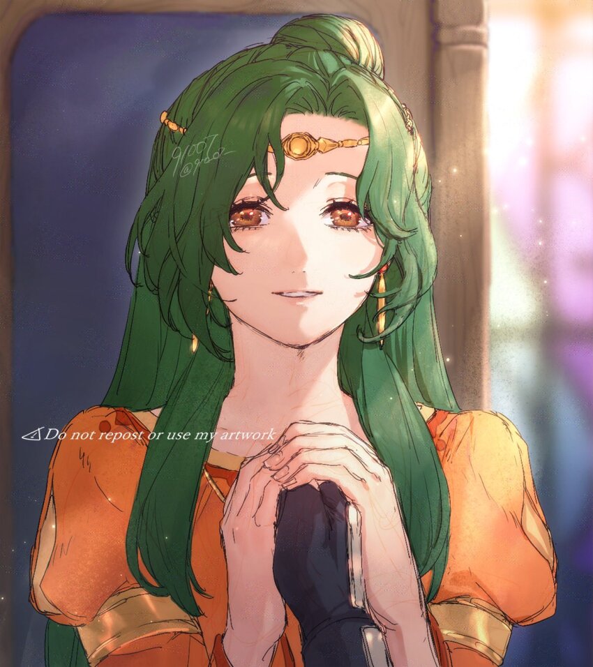1boy 1girl 91007 artist_name blurry blurry_background brown_eyes circlet commentary_request dress elincia_ridell_crimea eyelashes fire_emblem fire_emblem:_path_of_radiance green_hair high_ponytail highres holding_hands ike_(fire_emblem) long_hair looking_at_viewer nintendo orange_dress ponytail pov pov_hands smile twitter_username upper_body watermark