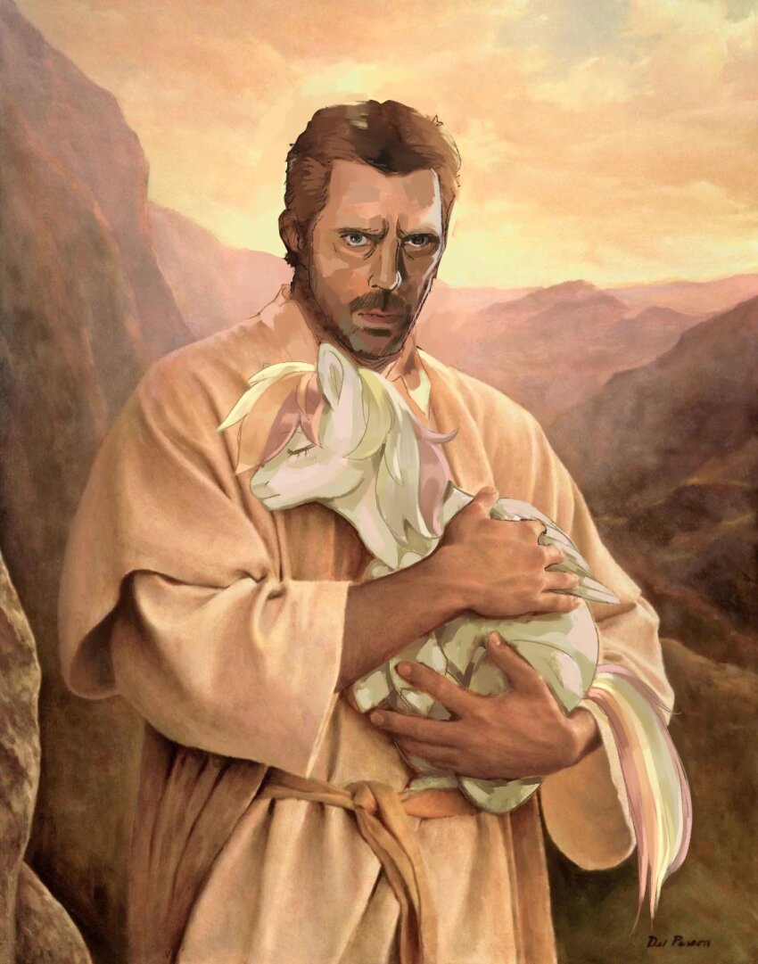 1boy beard brown_eyes brown_hair closed_mouth commentary cosplay creature crossover english_commentary facial_hair gregory_house highres holding holding_creature house_m.d. jesus jesus_(cosplay) looking_at_viewer my_little_pony my_little_pony:_friendship_is_magic peeperzcreeperz rainbow_dash robe short_hair very_short_hair what white_robe