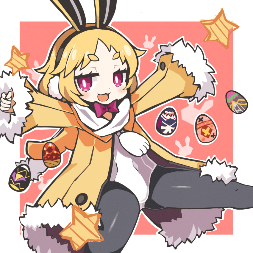 1girl :3 animal_ears blonde_hair bow bowtie coat covered_navel disgaea earmuffs easter_egg egg fur-trimmed_jacket fur-trimmed_sleeves fur_trim gluteal_fold highres jacket leotard looking_at_viewer makai_senki_disgaea_5 open_mouth outstretched_arms pantyhose pink_background playboy_bunny purple_bow purple_bowtie rabbit_earmuffs rabbit_ears rabbit_girl rabbits_foot red_eyes scarf short_eyebrows short_hair smile solo spread_arms star_(symbol) suaman thick_eyebrows usalia_(disgaea) white_leotard white_scarf yellow_coat yellow_jacket